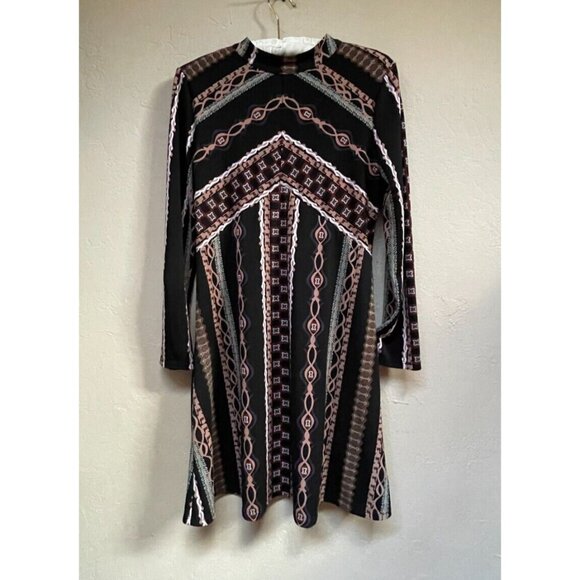 Free People Womens Stella Black Print Long Sleeve Mini Dress Mock Neck Rayon - Picture 1 of 9